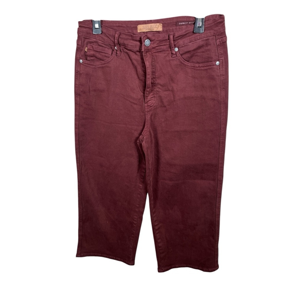 Judy Blue Sign Me Up Tummy Control Wide‎ Leg Cropped Jeans Garment Dyed Maroon